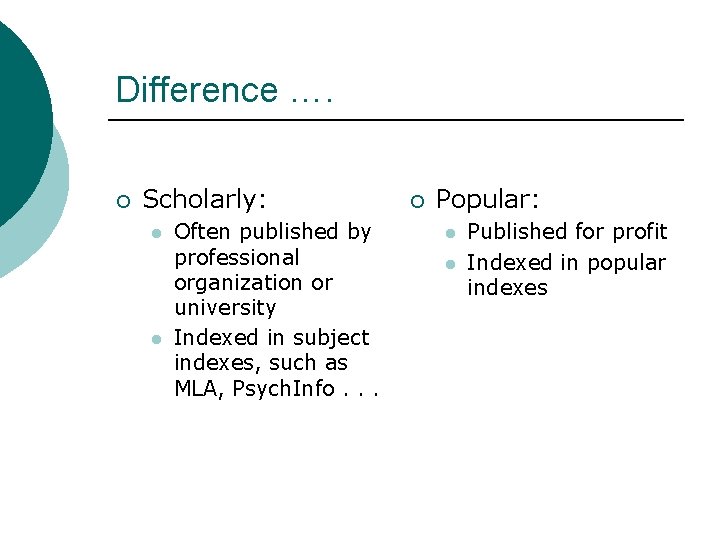 Difference …. ¡ Scholarly: l l Often published by professional organization or university Indexed
