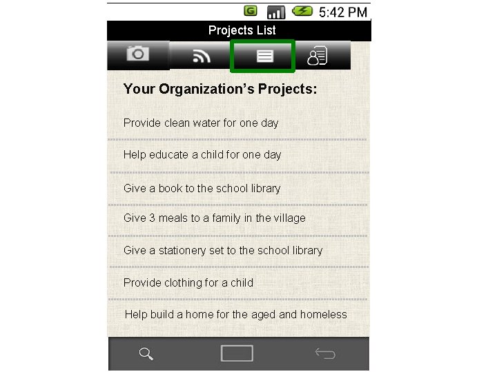 Projects List Your Organization’s Projects: Provide clean water for one day Help educate a