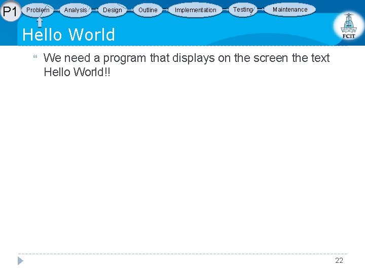 P 1 Problem Analysis Design Outline Implementation Testing Maintenance Hello World We need a