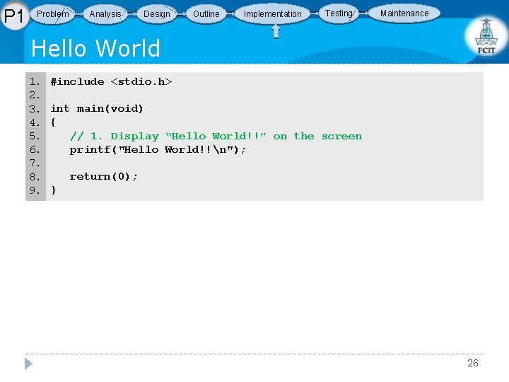 P 1 Problem Analysis Design Outline Implementation Testing Maintenance Hello World 1. 2. 3.