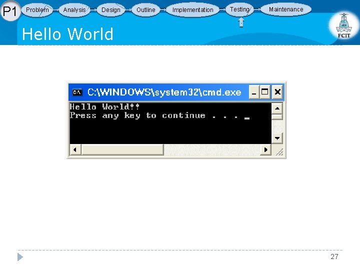 P 1 Problem Analysis Design Outline Implementation Testing Maintenance Hello World 27 