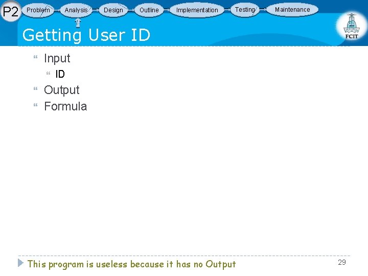 P 2 Problem Analysis Design Outline Implementation Testing Maintenance Getting User ID Input ID