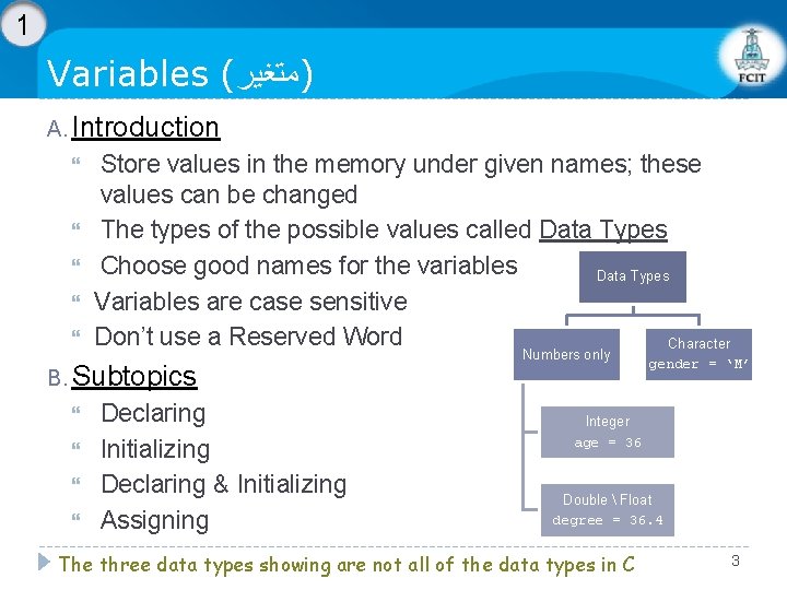 1 Variables ( )ﻣﺘﻐﻴﺮ A. Introduction Store values in the memory under given names;