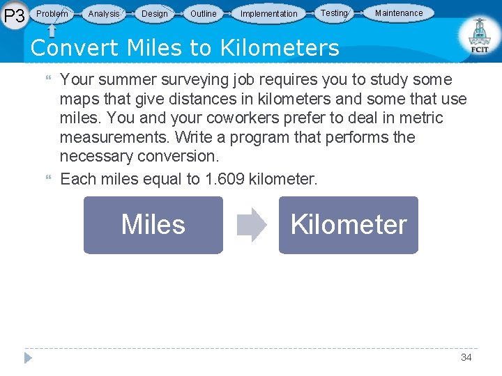 P 3 Problem Analysis Design Outline Implementation Testing Maintenance Convert Miles to Kilometers Your
