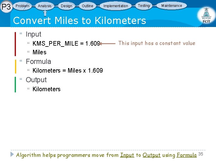 P 3 Problem Analysis Design Outline Implementation Testing Maintenance Convert Miles to Kilometers Input