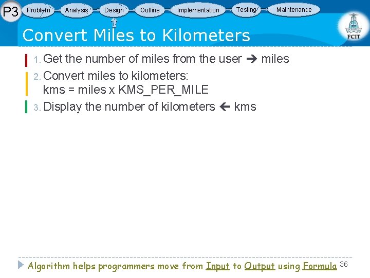 P 3 Problem Analysis Design Outline Implementation Testing Maintenance Convert Miles to Kilometers 1.