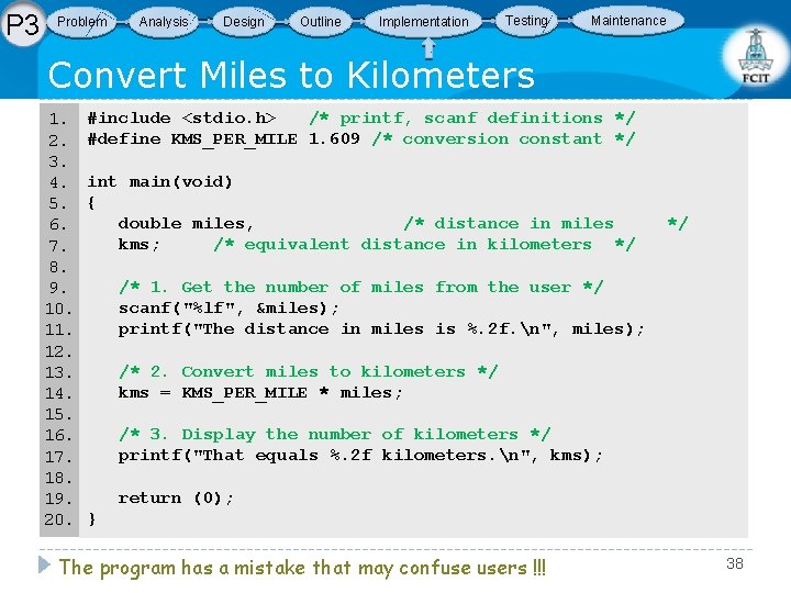 P 3 Problem Analysis Design Outline Implementation Testing Maintenance Convert Miles to Kilometers 1.