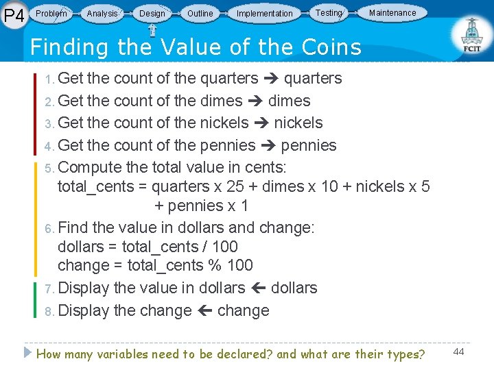 P 4 Problem Analysis Design Outline Implementation Testing Maintenance Finding the Value of the