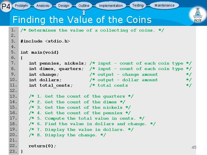 P 4 Problem Analysis Design Implementation Outline Testing Maintenance Finding the Value of the