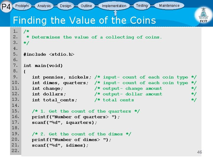 P 4 Problem Analysis Design Implementation Outline Testing Maintenance Finding the Value of the