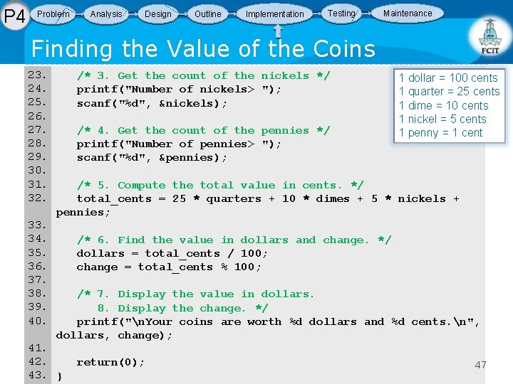 P 4 Problem Analysis Design Outline Implementation Testing Maintenance Finding the Value of the