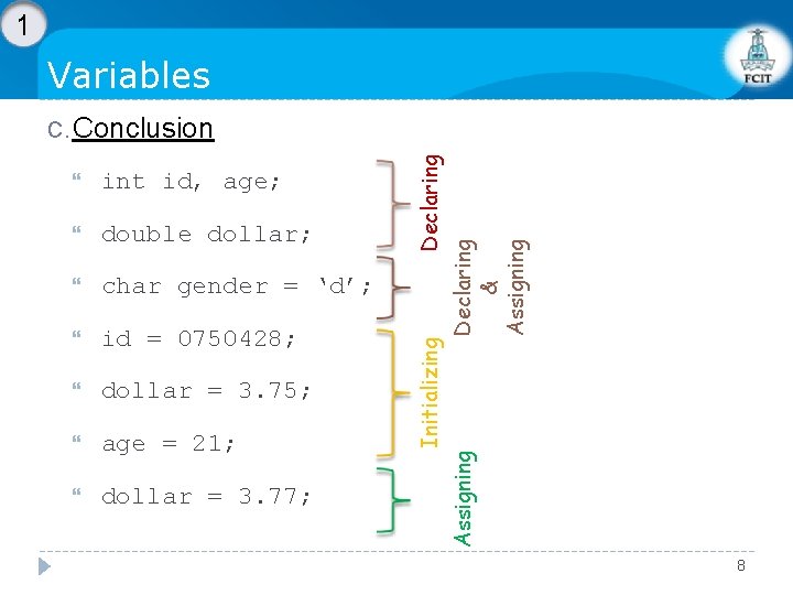 1 Variables double dollar; char gender = ‘d’; id = 0750428; dollar = 3.