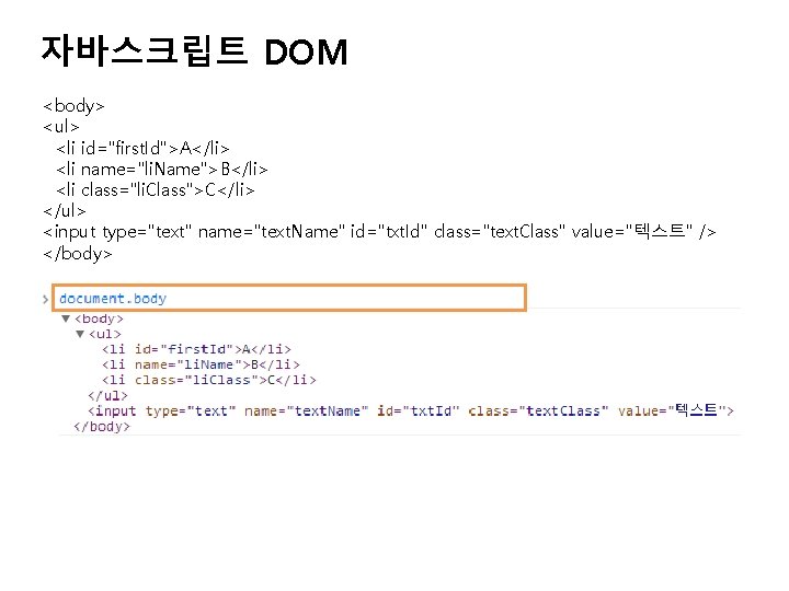 자바스크립트 DOM <body> <ul> <li id="first. Id">A</li> <li name="li. Name">B</li> <li class="li. Class">C</li> </ul>