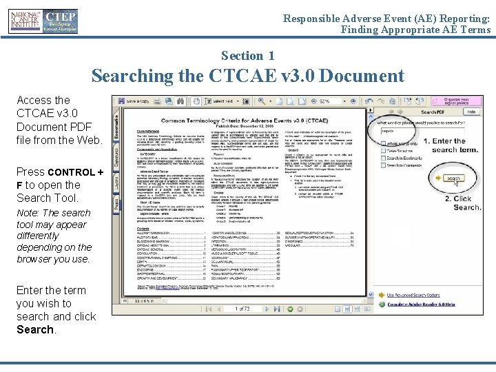 Responsible Adverse Event (AE) Reporting: Finding Appropriate AE Terms Section 1 Searching the CTCAE