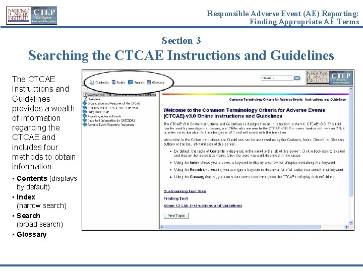 Responsible Adverse Event (AE) Reporting: Finding Appropriate AE Terms Section 3 Searching the CTCAE