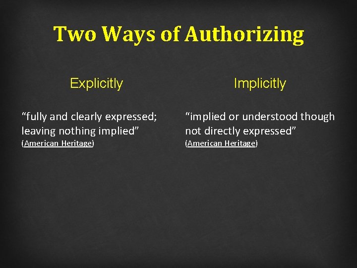 Two Ways of Authorizing Explicitly “fully and clearly expressed; leaving nothing implied” (American Heritage)