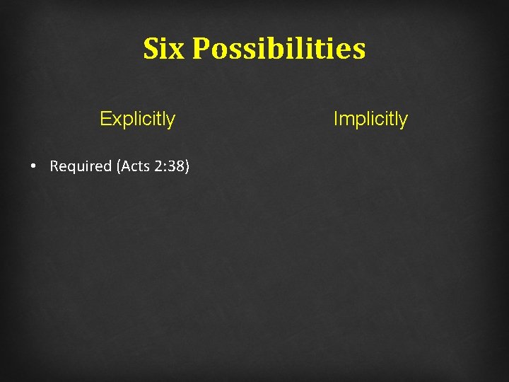 Six Possibilities Explicitly • Required (Acts 2: 38) Implicitly 