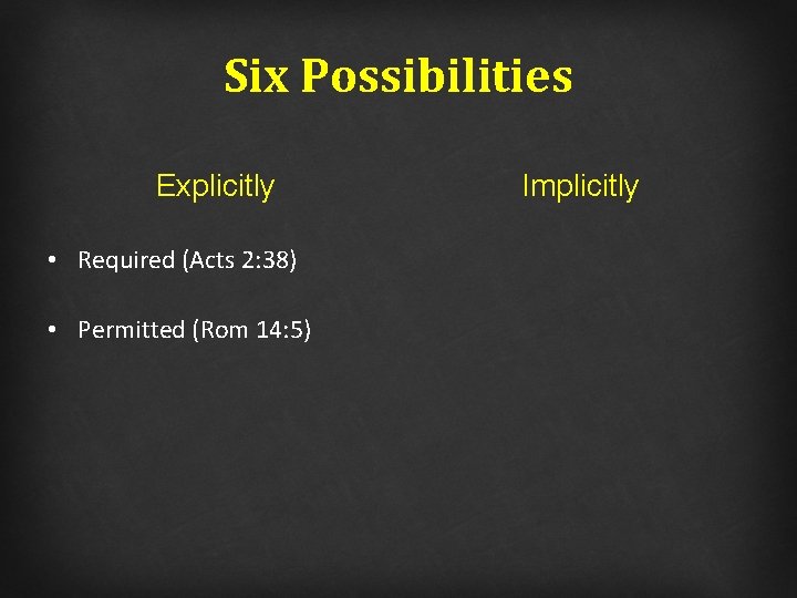 Six Possibilities Explicitly • Required (Acts 2: 38) • Permitted (Rom 14: 5) Implicitly