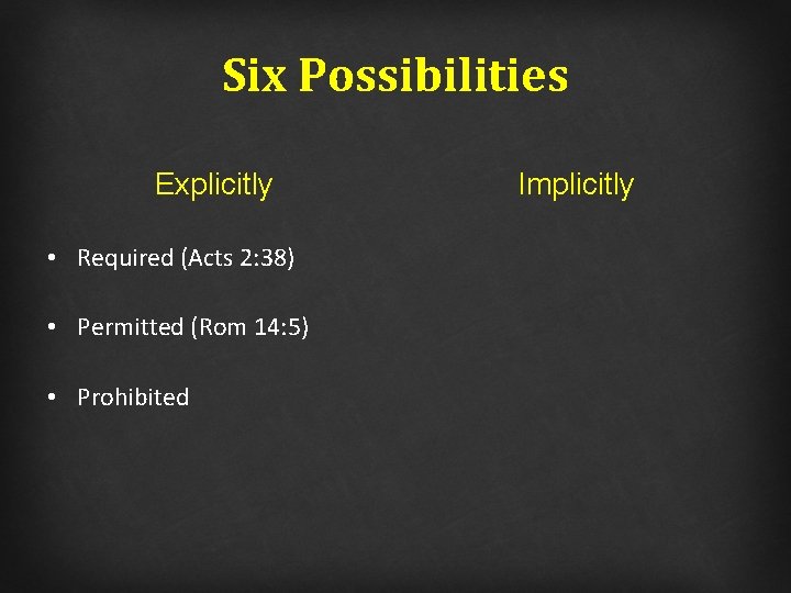 Six Possibilities Explicitly • Required (Acts 2: 38) • Permitted (Rom 14: 5) •