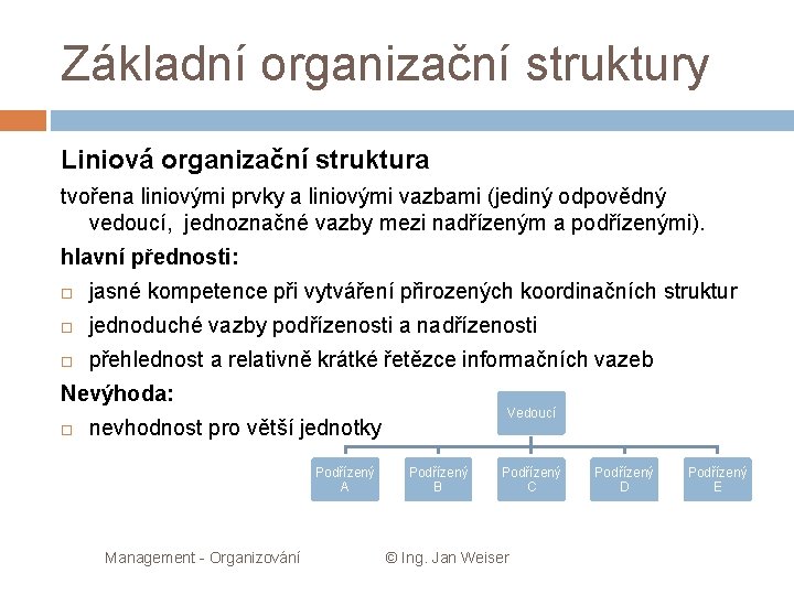 Základní organizační struktury Liniová organizační struktura tvořena liniovými prvky a liniovými vazbami (jediný odpovědný