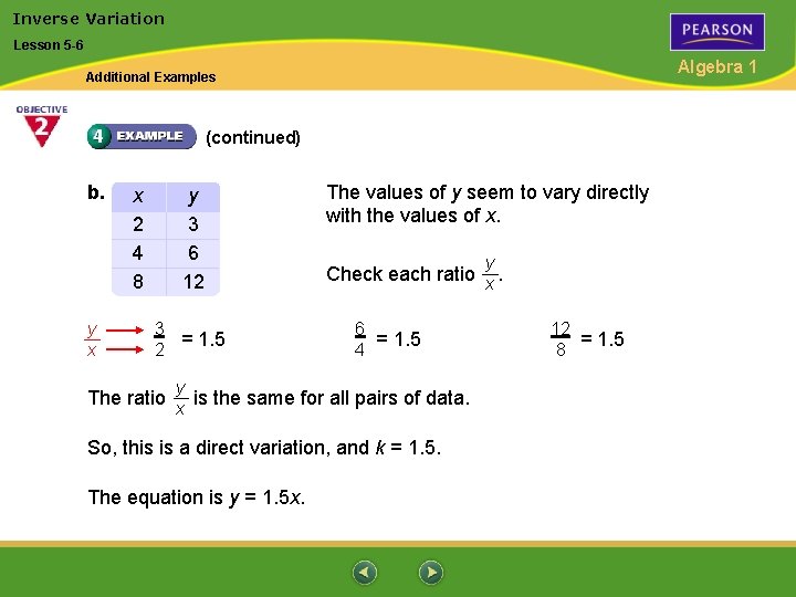 Inverse Variation Lesson 5 -6 Algebra 1 Additional Examples (continued) b. y x x