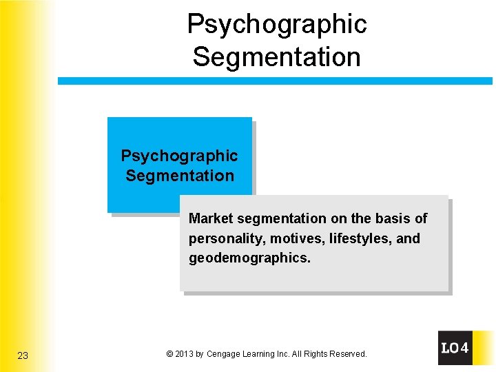 Psychographic Segmentation Market segmentation on the basis of personality, motives, lifestyles, and geodemographics. 23