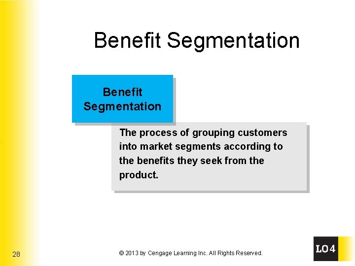 Benefit Segmentation The process of grouping customers into market segments according to the benefits