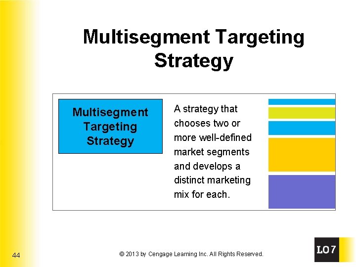 Multisegment Targeting Strategy 44 A strategy that chooses two or more well-defined market segments