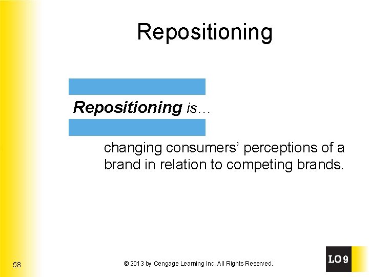 Repositioning is… changing consumers’ perceptions of a brand in relation to competing brands. 58