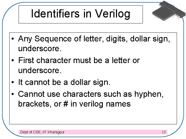 Identifiers in Verilog • Any Sequence of letter, digits, dollar sign, underscore. • First