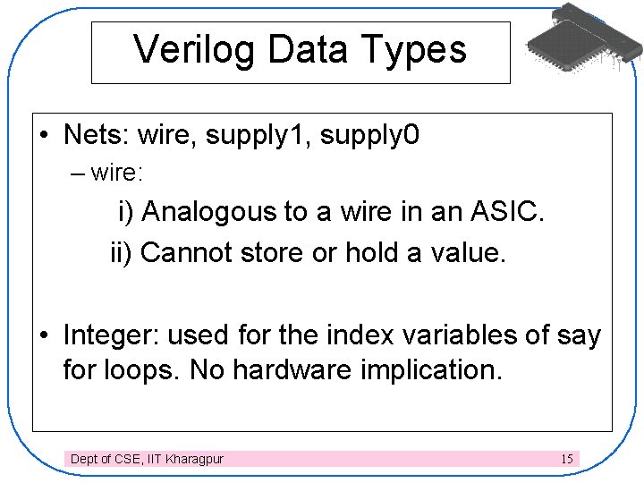 Verilog Data Types • Nets: wire, supply 1, supply 0 – wire: i) Analogous