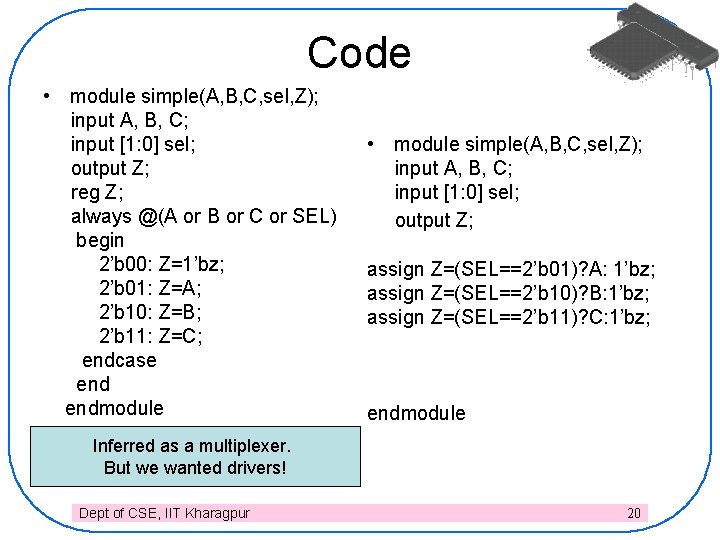 Code • module simple(A, B, C, sel, Z); input A, B, C; input [1: