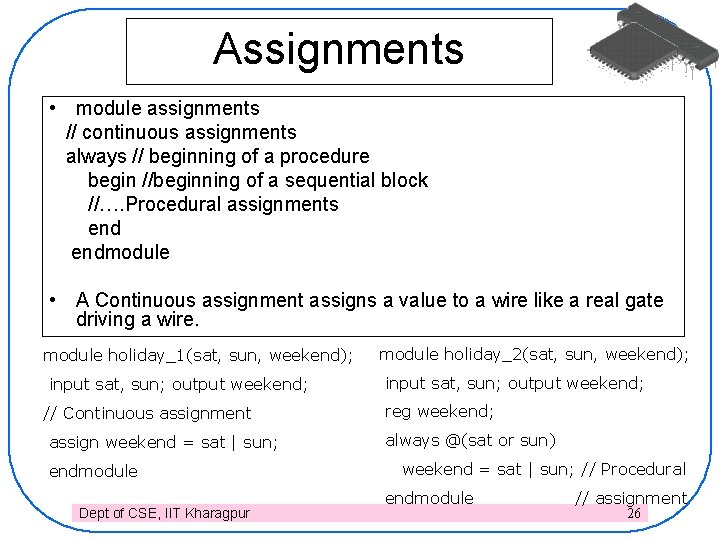 Assignments • module assignments // continuous assignments always // beginning of a procedure begin