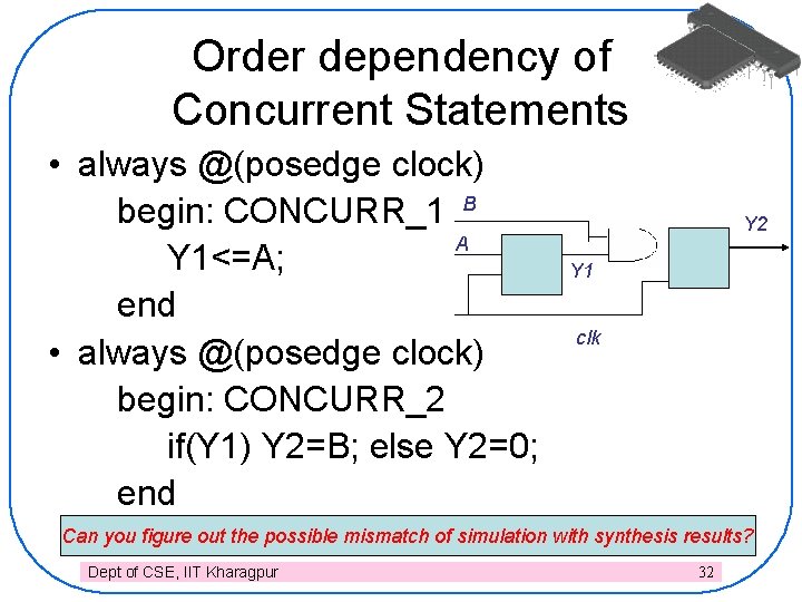 Order dependency of Concurrent Statements • always @(posedge clock) begin: CONCURR_1 B A Y