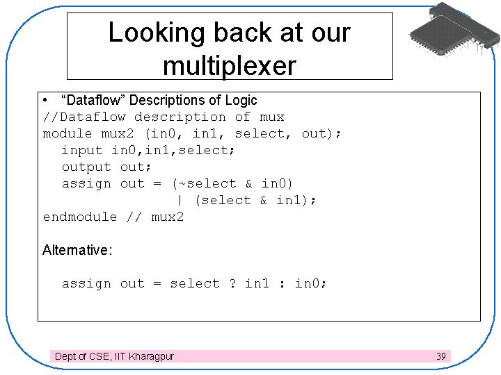 Looking back at our multiplexer • “Dataflow” Descriptions of Logic //Dataflow description of mux