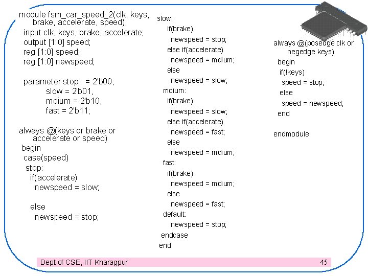 module fsm_car_speed_2(clk, keys, slow: brake, accelerate, speed); if(brake) input clk, keys, brake, accelerate; newspeed