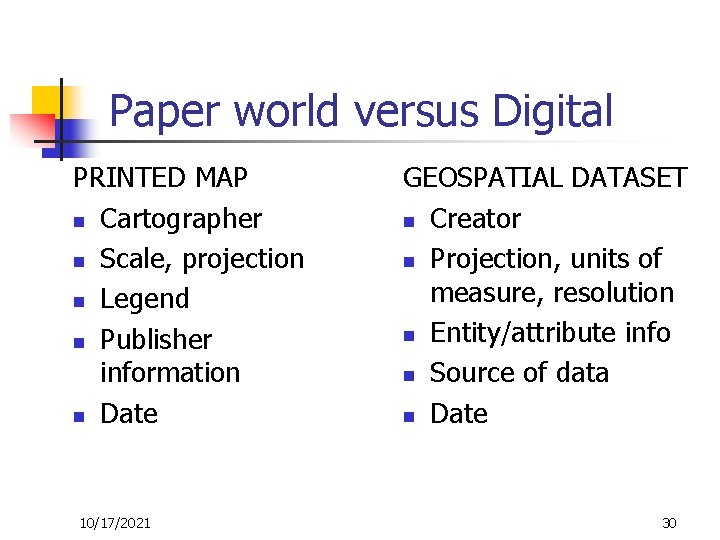 Paper world versus Digital PRINTED MAP n Cartographer n Scale, projection n Legend n