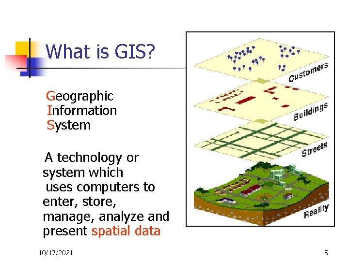 What is GIS? Geographic Information System A technology or system which uses computers to