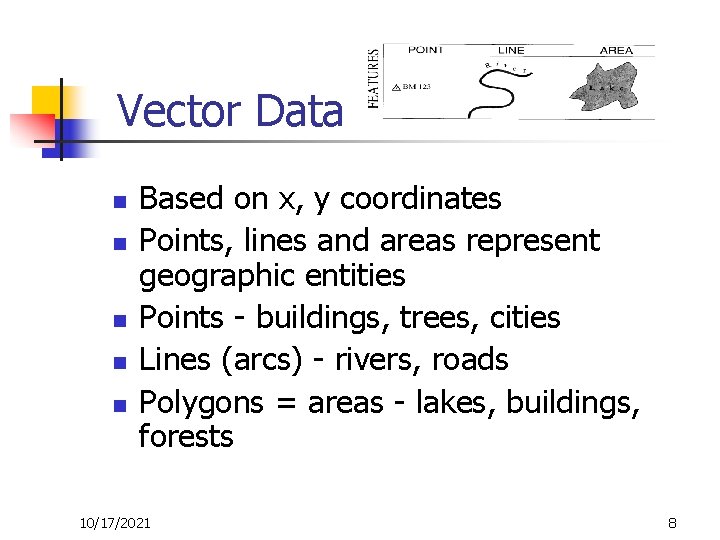 Vector Data n n n Based on x, y coordinates Points, lines and areas