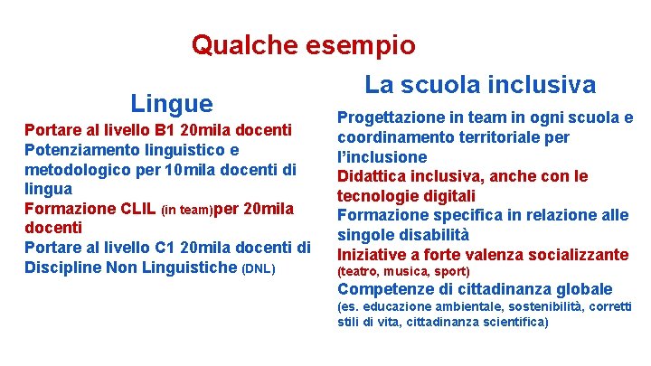 Qualche esempio Lingue Portare al livello B 1 20 mila docenti Potenziamento linguistico e