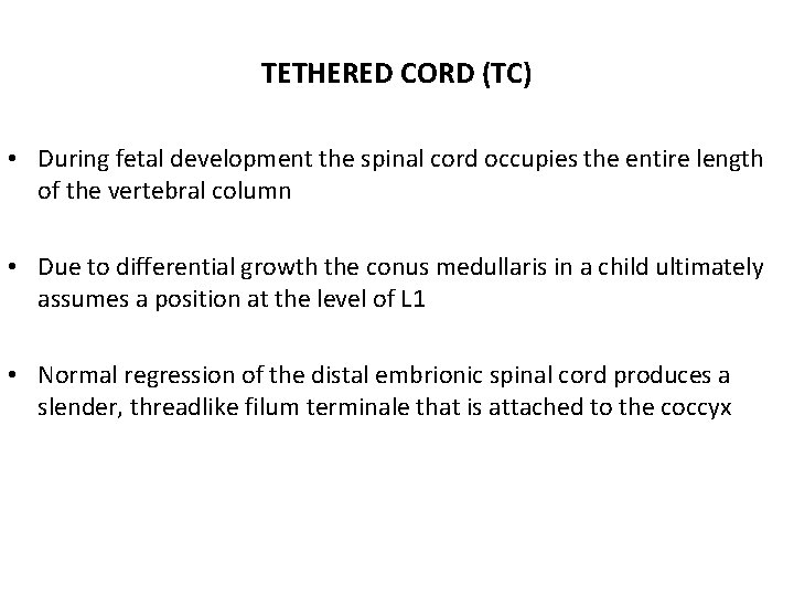 TETHERED CORD (TC) • During fetal development the spinal cord occupies the entire length