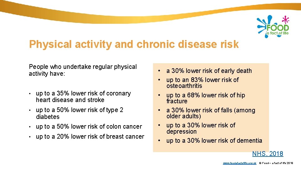 Physical activity and chronic disease risk People who undertake regular physical activity have: •