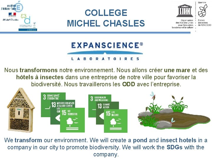 COLLEGE MICHEL CHASLES Nous transformons notre environnement. Nous allons créer une mare et des