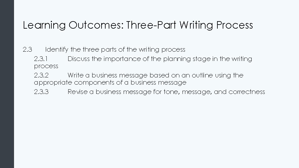 Learning Outcomes: Three-Part Writing Process 2. 3 Identify the three parts of the writing