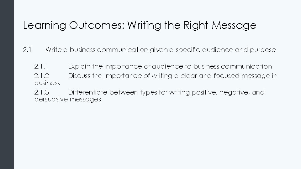 Learning Outcomes: Writing the Right Message 2. 1 Write a business communication given a