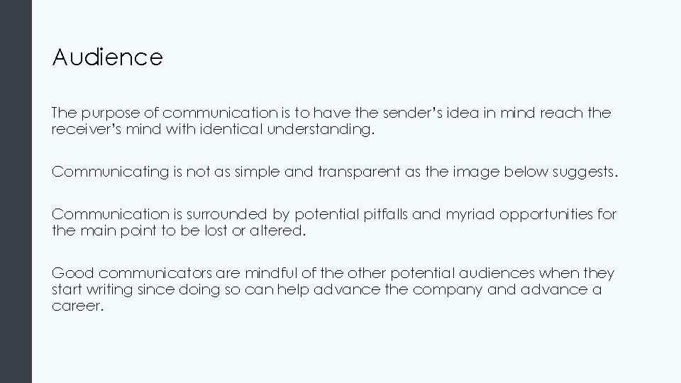 Audience The purpose of communication is to have the sender’s idea in mind reach