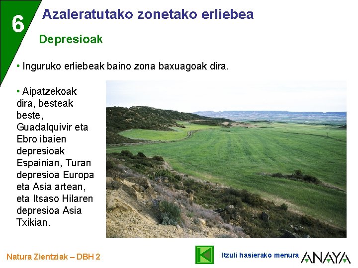 6 Azaleratutako zonetako erliebea Depresioak • Inguruko erliebeak baino zona baxuagoak dira. • Aipatzekoak