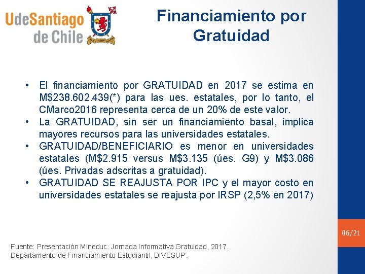Financiamiento por Gratuidad • El financiamiento por GRATUIDAD en 2017 se estima en M$238.