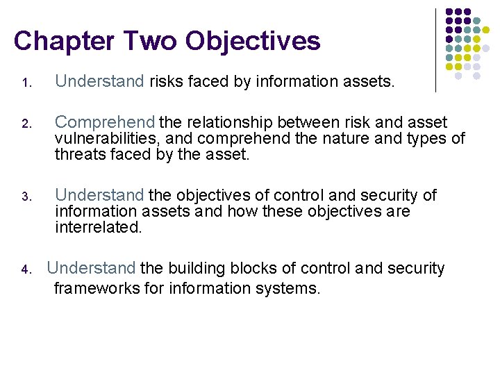 Chapter Two Objectives 1. Understand risks faced by information assets. 2. Comprehend the relationship