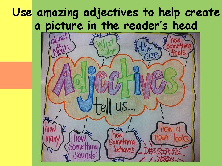 Use amazing adjectives to help create a picture in the reader’s head 